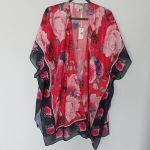 JC Sunny Red and Pink Rose Print Swim Cover Up Loungewear NWT